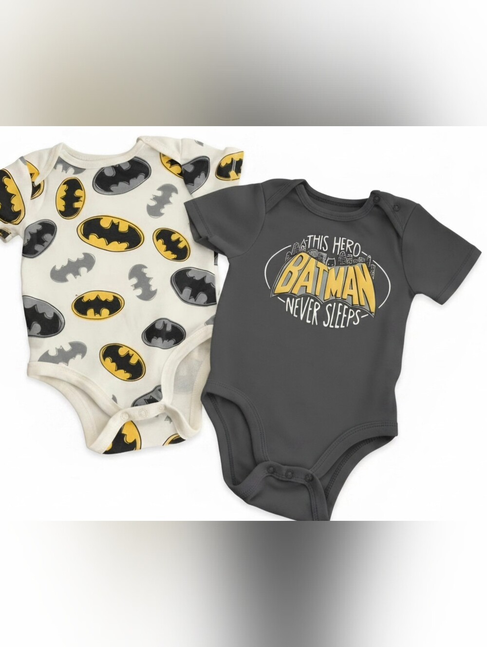 Batman Baby One-Piece Bodysuit Duo - Gray and Cream with Yellow Accents